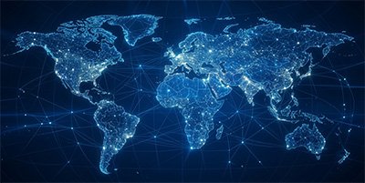 Abstract blue digital world map with glowing global network nodes and connections