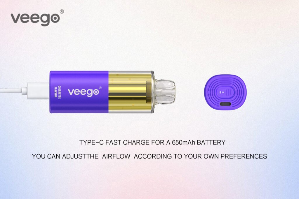 Veego VR45000 vape showing Type-C fast charge for 650mAh battery and adjustable airflow bottom design.