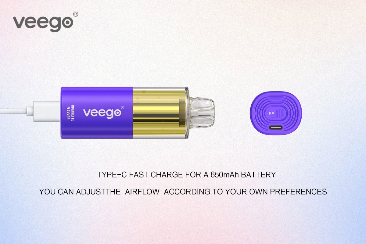 Veego VR45000 vape showing Type-C fast charge for 650mAh battery and adjustable airflow bottom design.